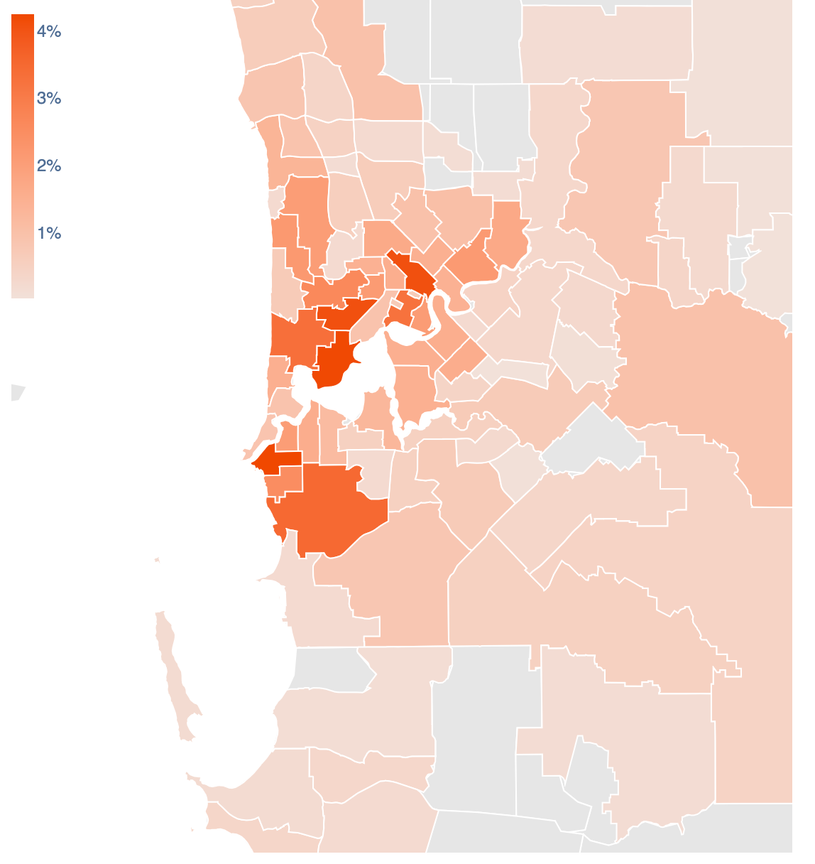 A heatmap showing the density of postcode responses to Perth Festival surveys.