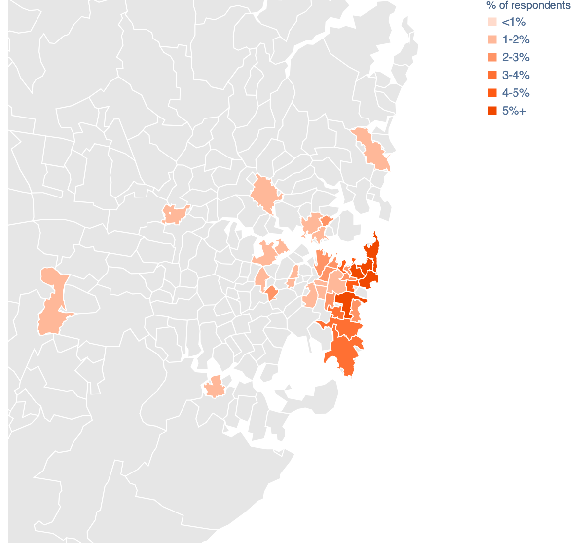 Postcode heatmap visualising proportions of respondents.