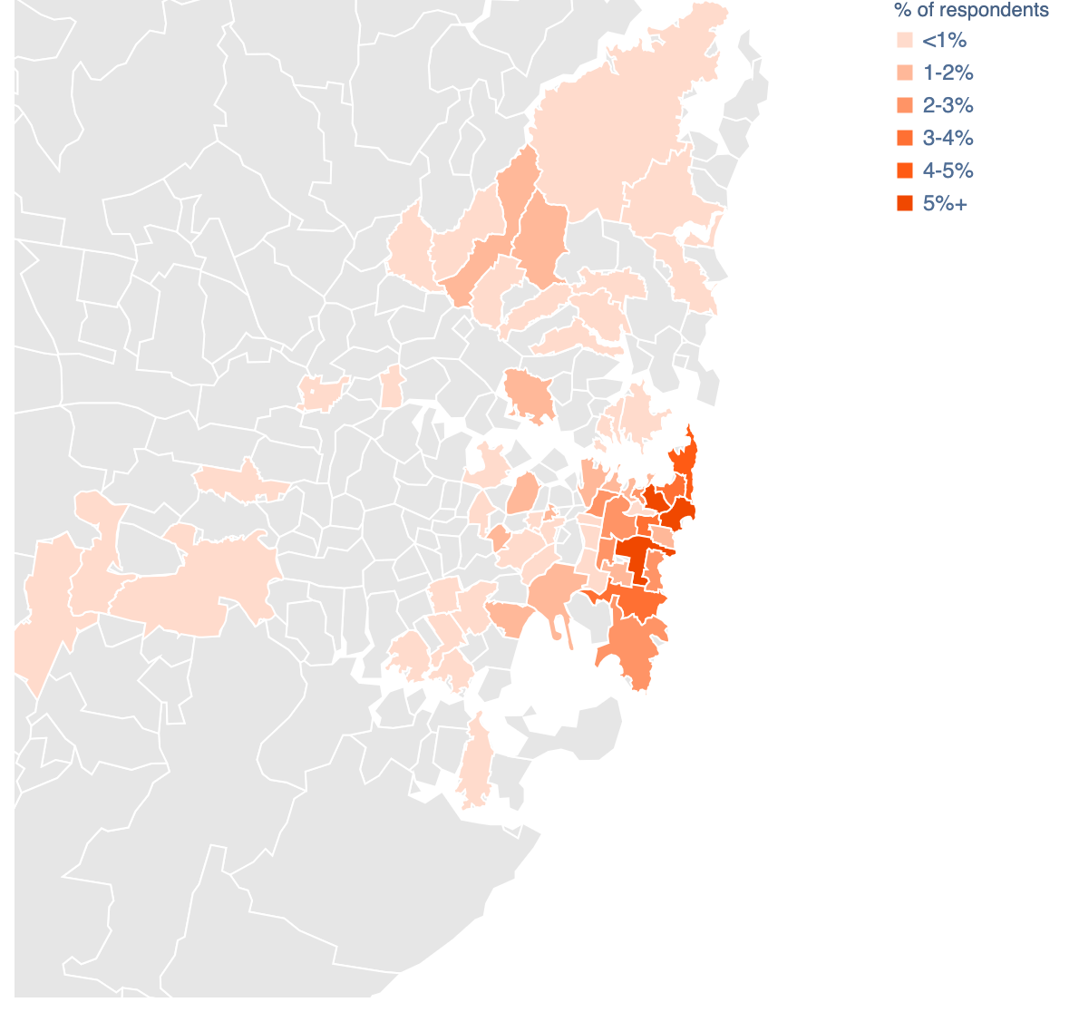 Postcode heatmap visualising proportions of respondents.